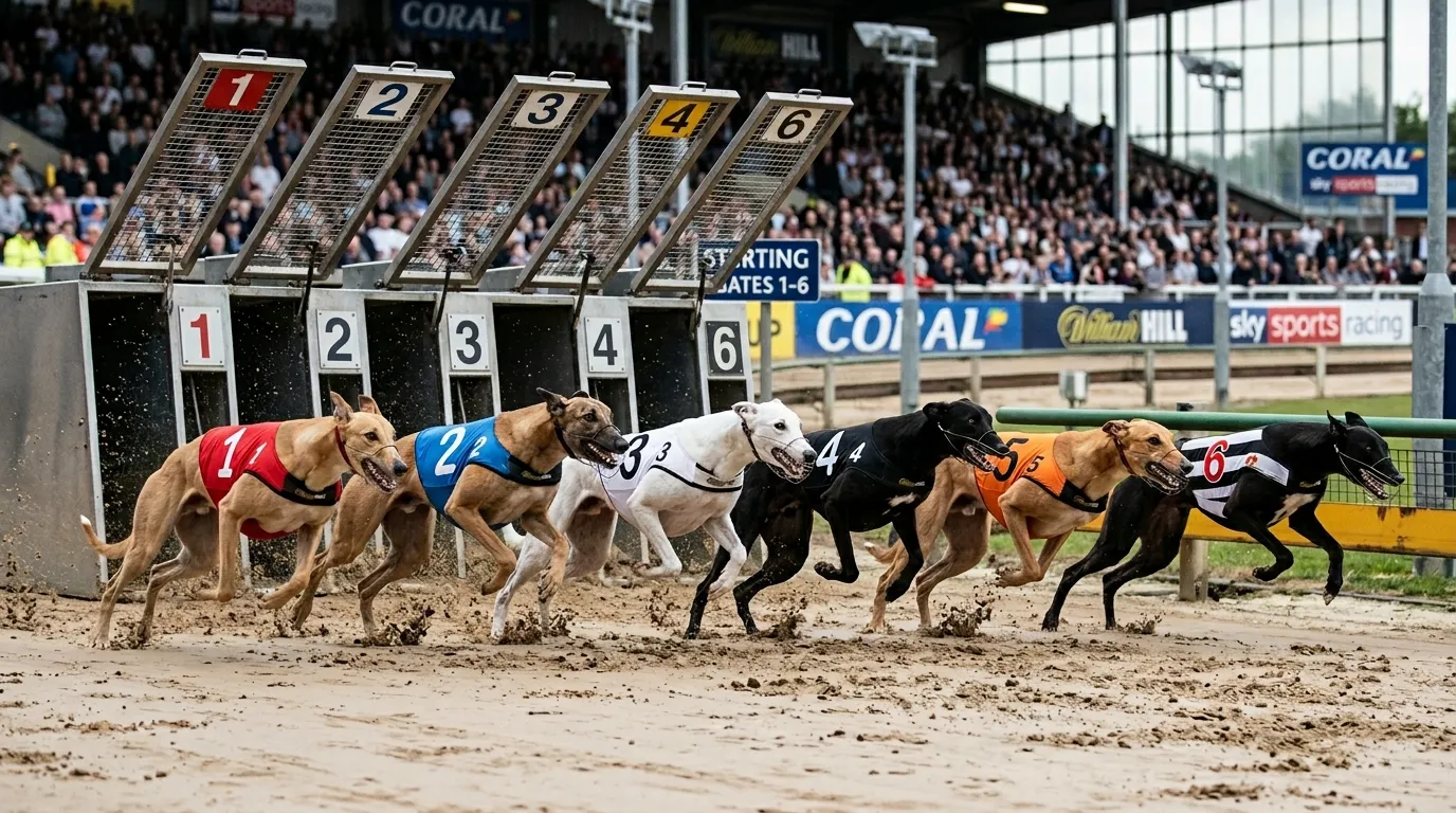 Six greyhounds bursting from starting traps at Romford Stadium