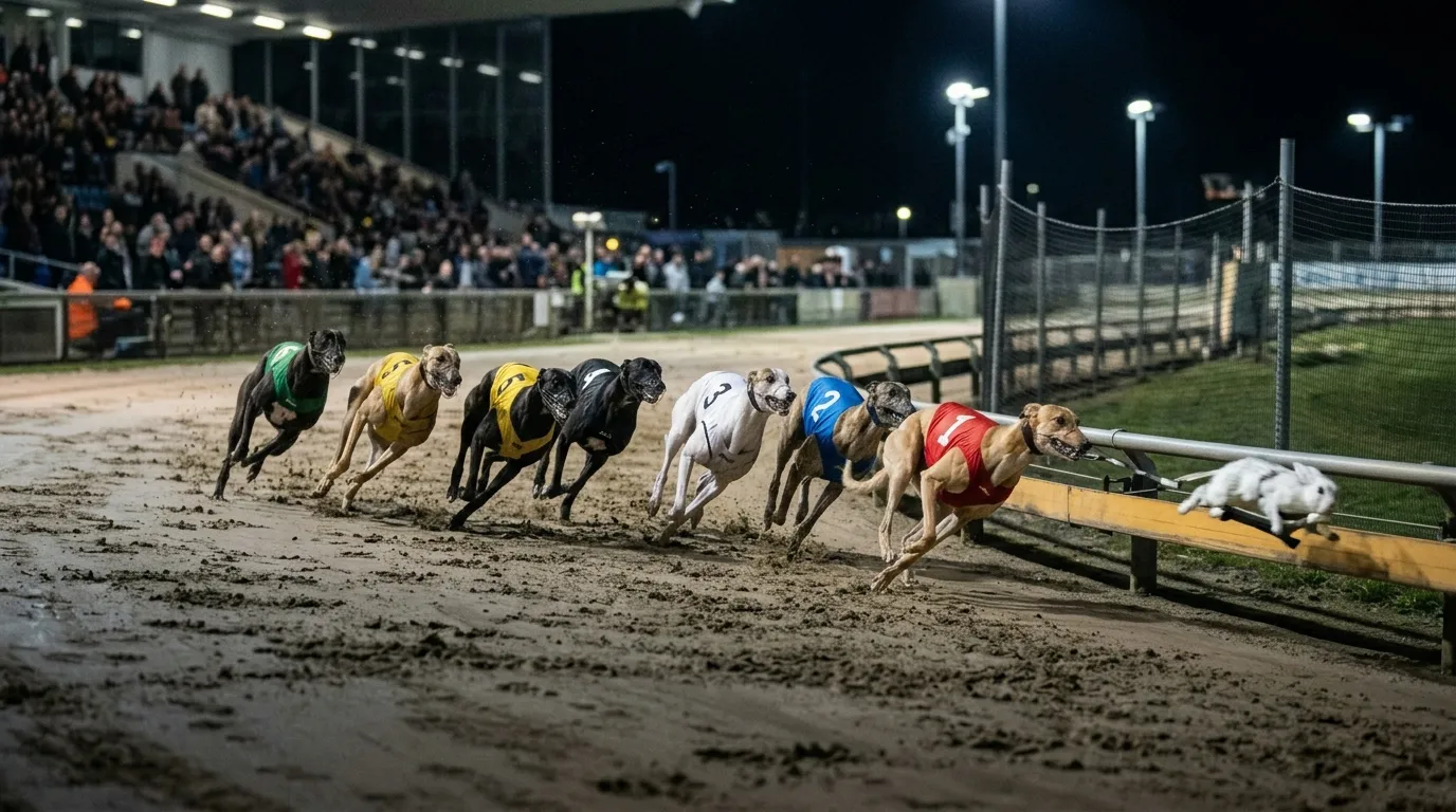 Greyhounds racing into the first bend at Romford showing trap position advantage