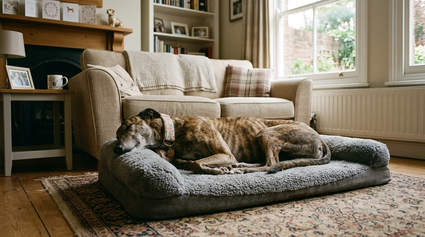 Retired racing greyhound relaxing comfortably in an adoptive family home