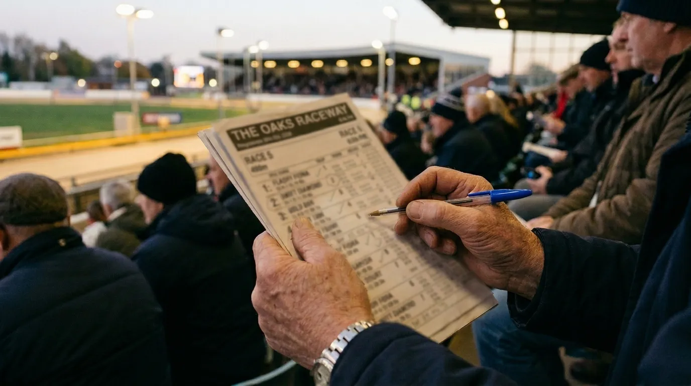 Bettor analysing a greyhound race card with form figures and trap statistics