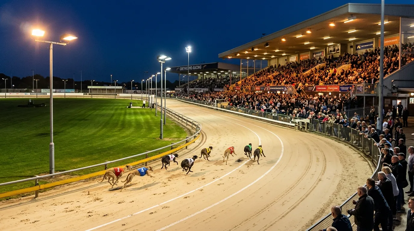 Romford Greyhound Stadium floodlights illuminating the track during evening racing