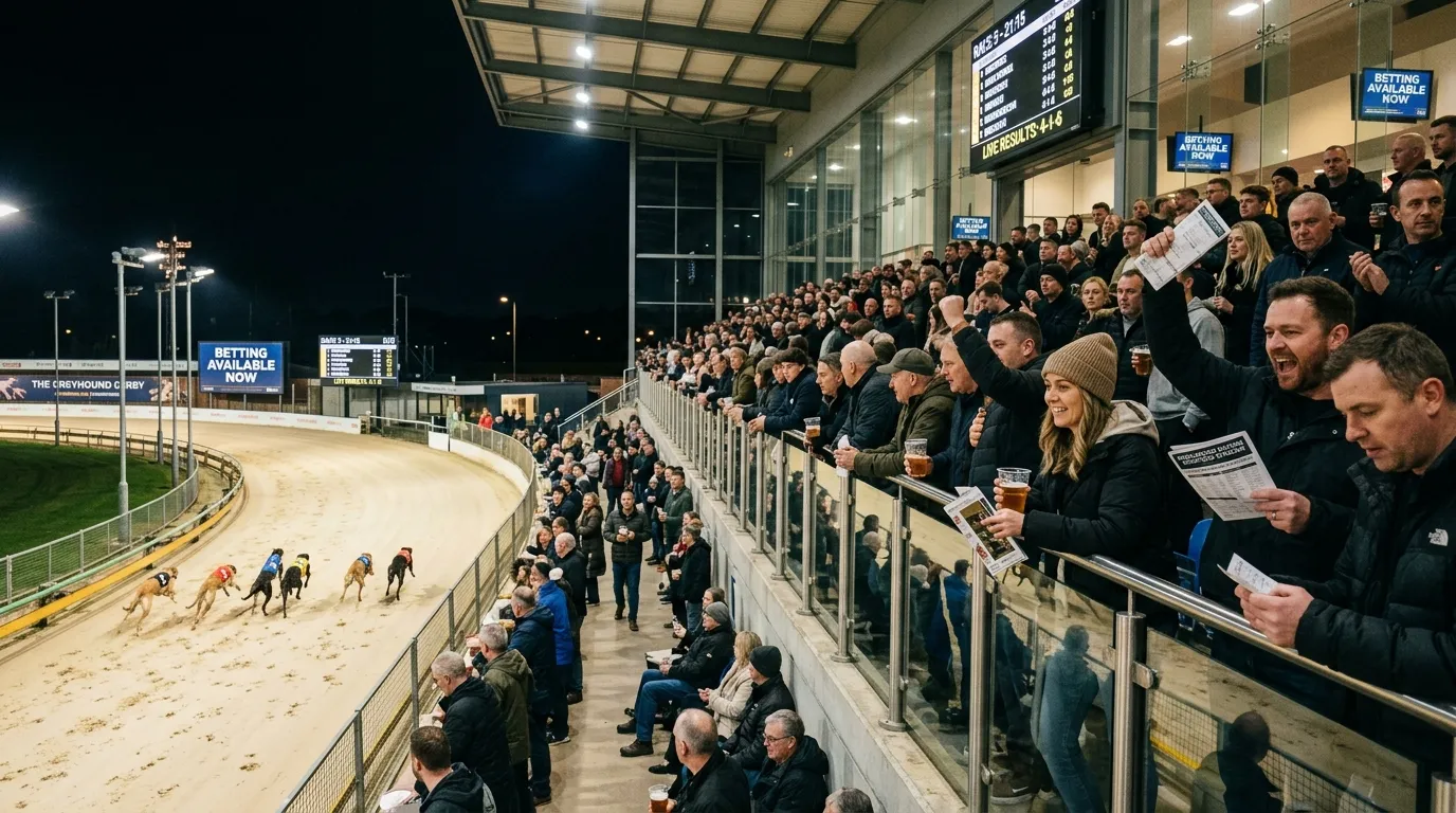 Spectators watching greyhound racing from the renovated Romford Stadium grandstand